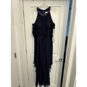 Eliza J Navy Blue Embellished Neckline Halter Gown Formal Evening Dress 16W